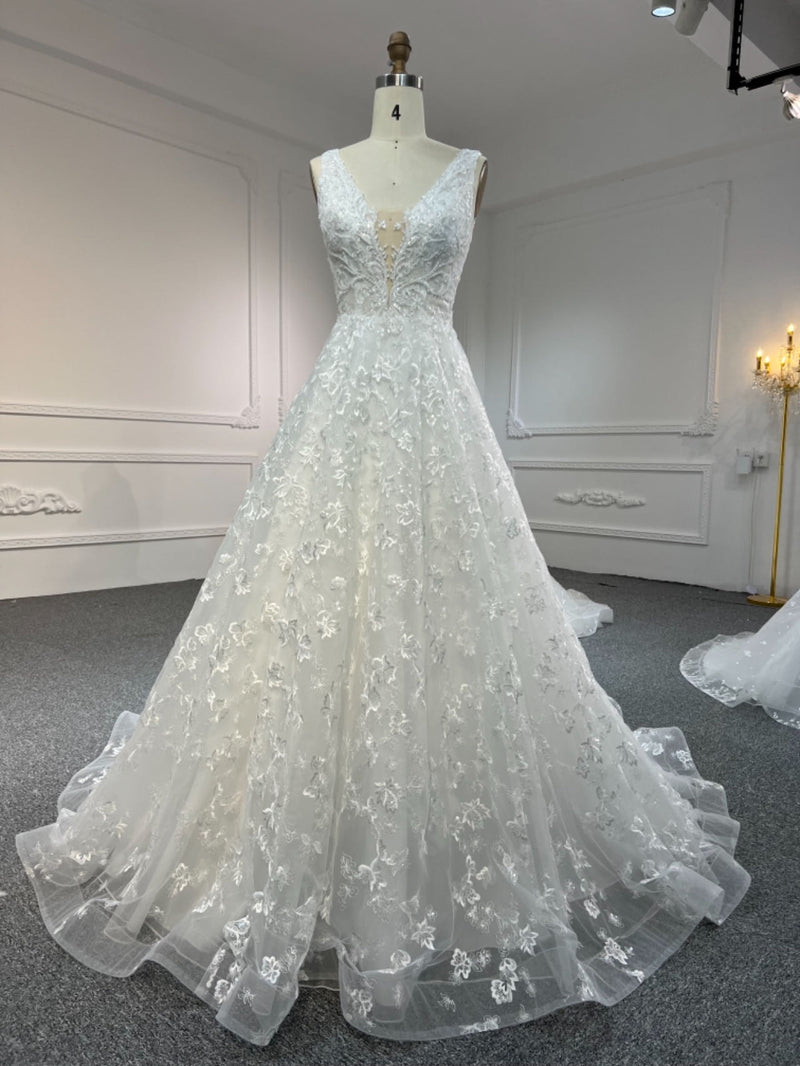 Y2305 OEM #Y2305 BEADS DEEP V NECK LACE UP A LINE WEDDING DRESS - wholesale wedding dress