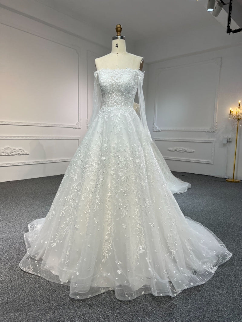 Y2306 OEM#Y2306 long sleeve one shoulder LACE BEADINGS A LINE WEDDING DRESS - wholesale wedding dress