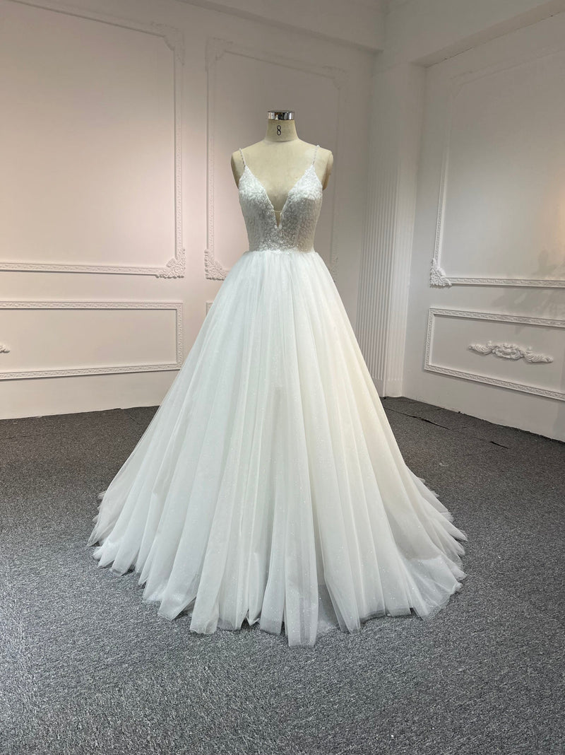 Y2310 OEM#Y2310 DEEP V NECKLINE A LINE WEDDING DRESS WITH SMALL SHOULDER STRAP. - wholesale wedding dress