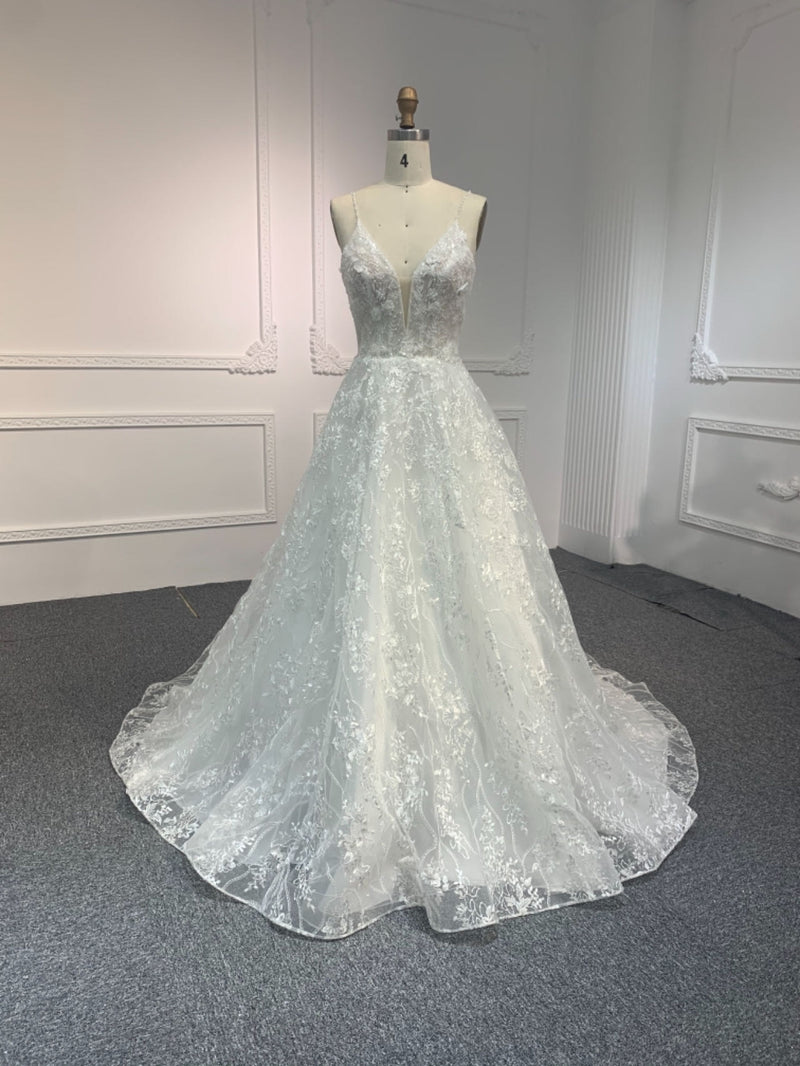 Y2313 OEM#Y2313 DEEP V NECKLINE A LINE WEDDING DRESS WITH SMALL SHOULDER STRAP - wholesale wedding dress