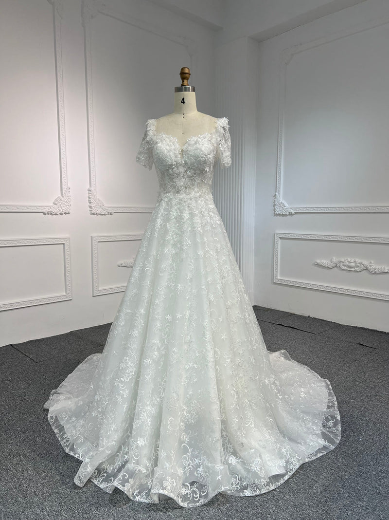 Y2325 OEM#Y2325 Short-sleeved 3D lace flowers, luxurious beading, A-line - wholesale wedding dress
