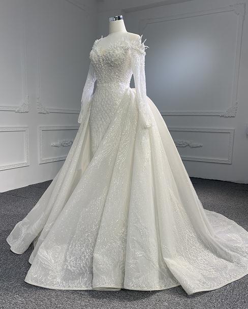 Z066 Z066- OEM LUXURY BEADING LACE 3D BEADS OFF-SHOULDER DESIGN WITH LONG SLEEVES AND DETACHABL… - wholesale wedding dress