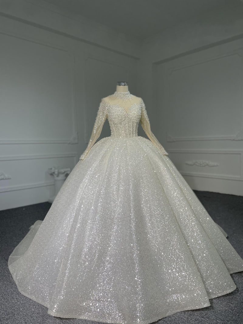 Z068 Z068 OEM Shimmering Luxury Ballgown With High Neck and Cuff Details - wholesale wedding dress