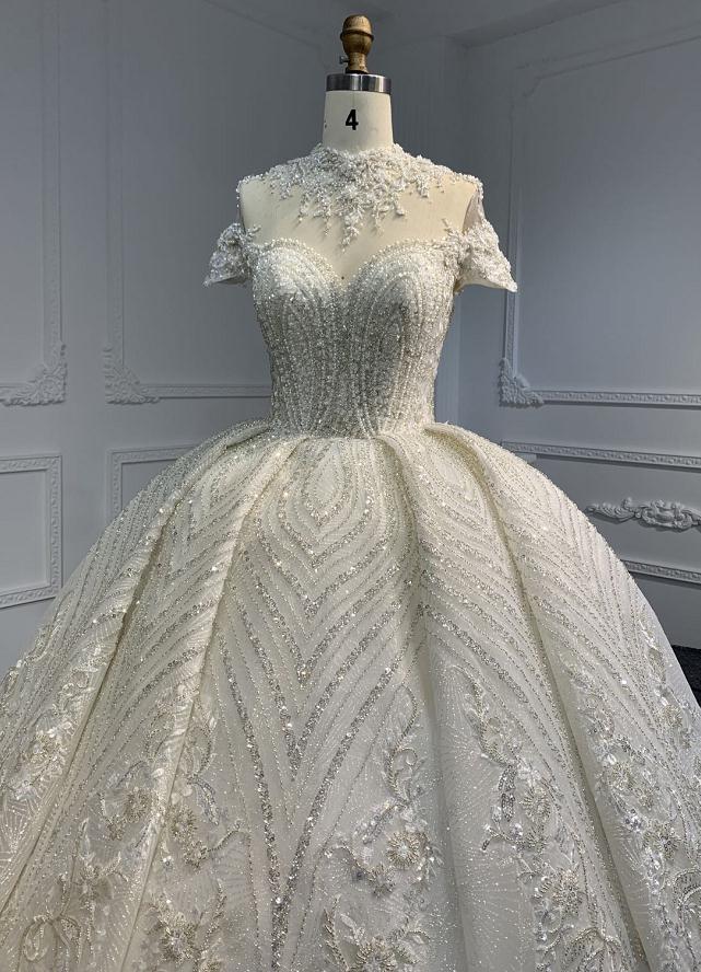 Z070 Z070# Short Sleeves Full Bead Wedding Grown Dress With Big Tail - wholesale wedding dress