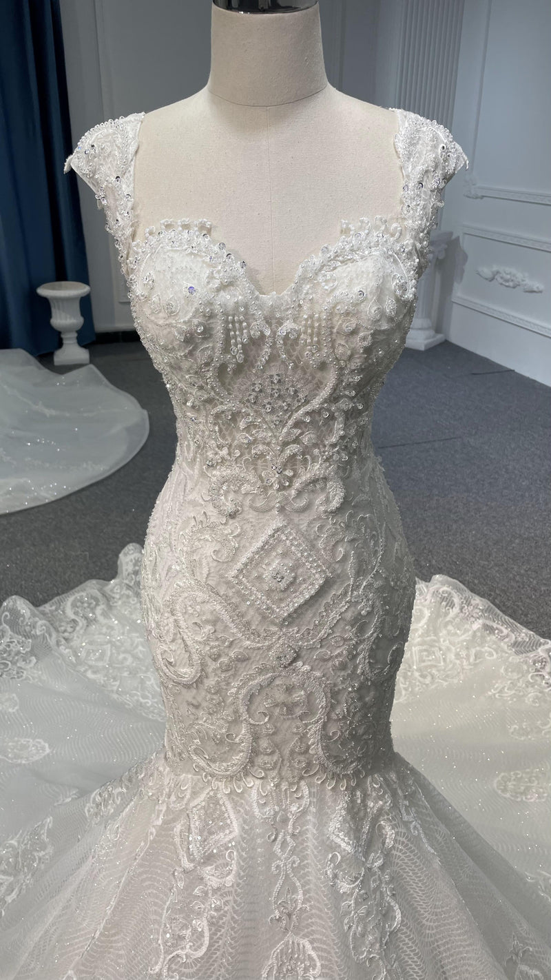 Z073 OEM Z073 Gorgeous half-sleeves heavy beads luxury mermaid wedding dress - wholesale wedding dress