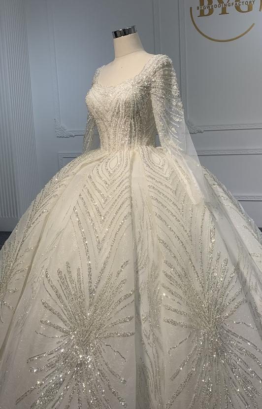 Z075 OEM Z075 SQUARE NECKLINE BEADINGS LONG SLEEVES BALL GOWN - wholesale wedding dress