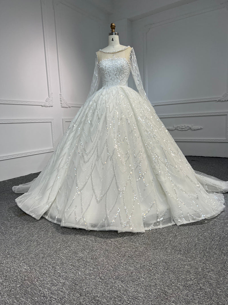 Z301LONG OEM-#Z301Long-sleeved hand-stitched pearl sequins large canopy long tail wedding dress - wholesale wedding dress