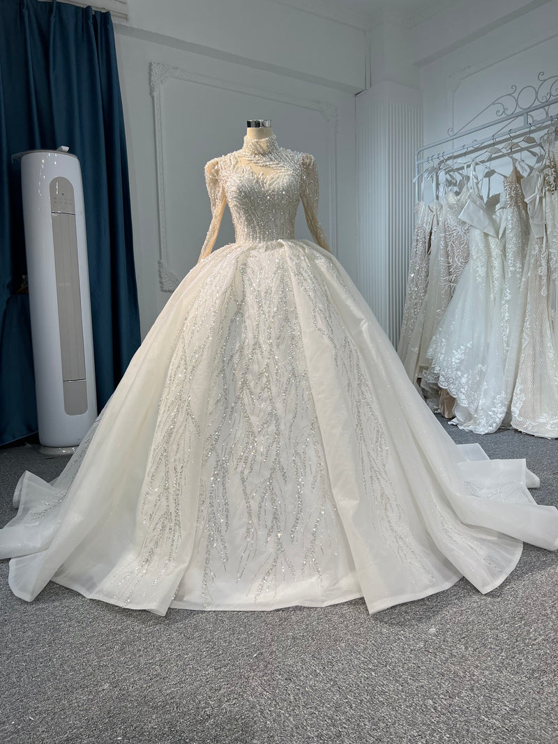 Z302 OEM-#Z302-Long-sleeved high-neck hand-beaded sequins large trailing tutu skirt wedding dre… - wholesale wedding dress