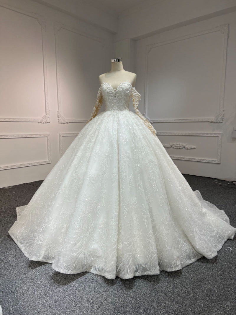 Z306 OEM-#Z306-LONG-SLEEVED ONE-SHOULDER PRINCESS-STYLE LUXURIOUS 3D LACE EMBROIDERY MAIN WEDDI… - wholesale wedding dress