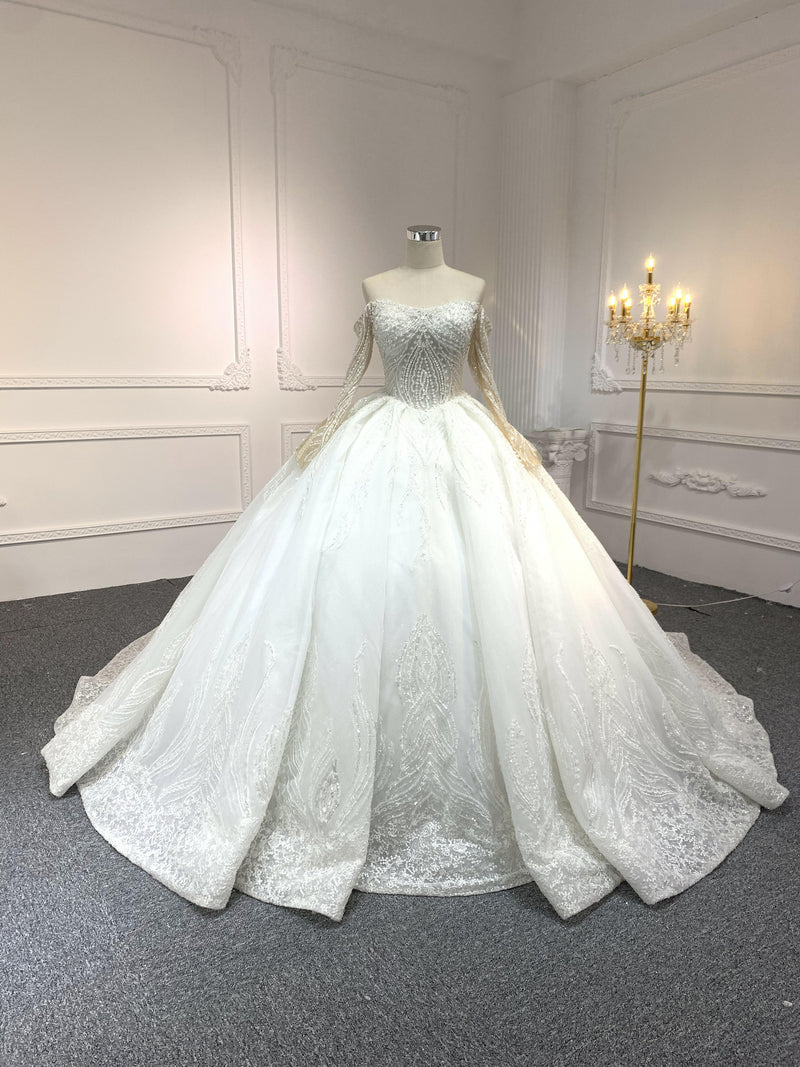 Z307 OEM-#Z307-Long-sleeved one-shoulder princess-style luxurious 3D lace embroidery main weddi… - wholesale wedding dress