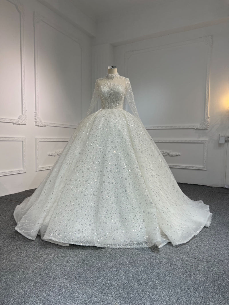 Z309 OEM-#Z309-LONG-SLEEVED HIGH-NECK HAND-BEADED SEQUINS LARGE TRAILING TUTU SKIRT WEDDING DRE… - wholesale wedding dress
