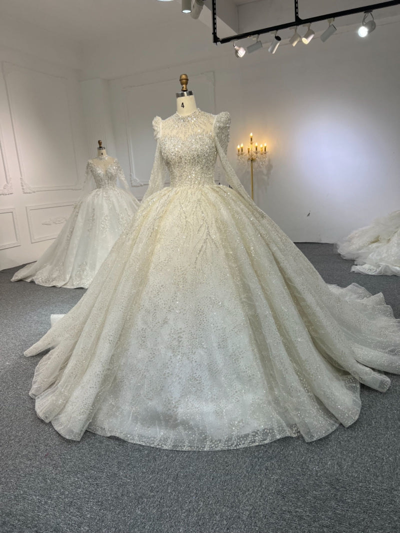 Z317 OEM#Z317 Long sleeves, premium lace, luxurious beading, high crew neck - wholesale wedding dress