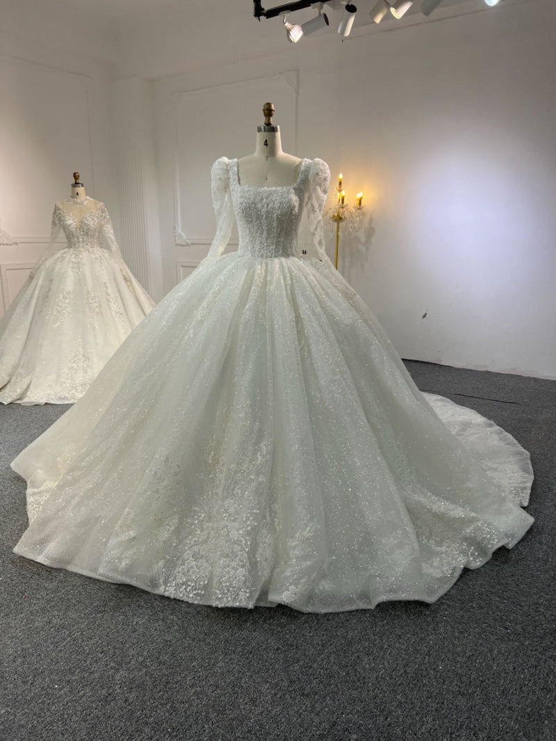 Z319 Z319 Long Sleeve Square Neck Luxurious Beaded Puff Dress - wholesale wedding dress