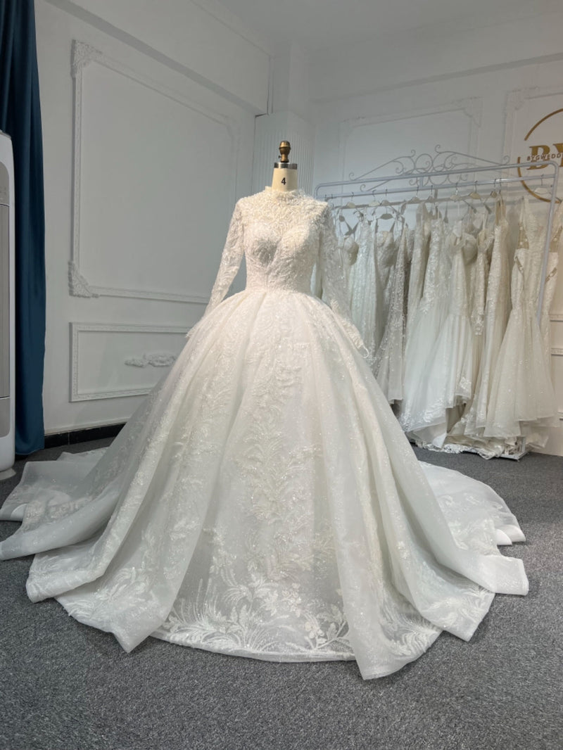 Z321 OEM#Z321 LONG SLEEVES, PREMIUM LACE, LUXURIOUS BEADING, HIGH CREW NECK - wholesale wedding dress